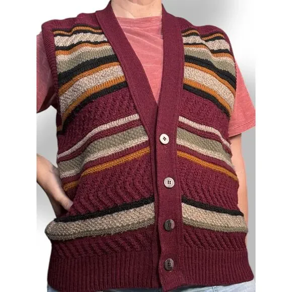 Vintage London Fog Striped Knit Sweater Vest Burgundy Multicolor 90s Grandpa